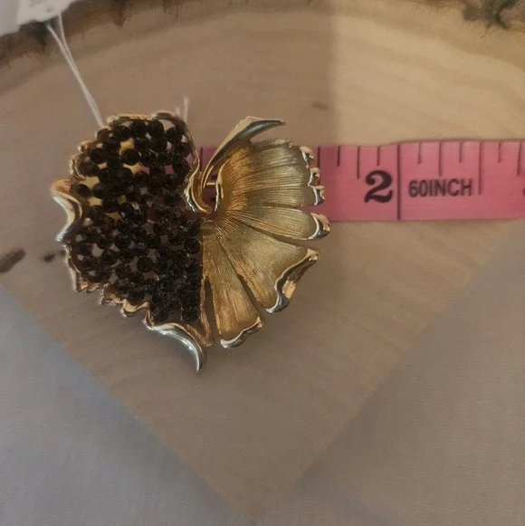 Vintage BSK Ginko Leaf Gold Tone Amber Rhinestone Brooch Leaf Two Tone Brown - Picture 10 of 10